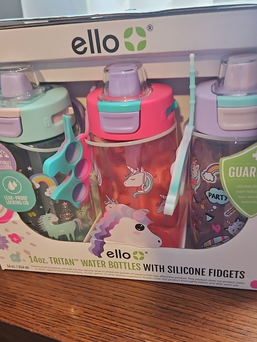 NWT ello Unicorn Kids Water Bottle Set - Purple, Pink, Teal. Holds 14 Oz.